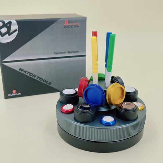 Die-cast alloy oil cup stand with 5 containers for precise watch repair lubrication.