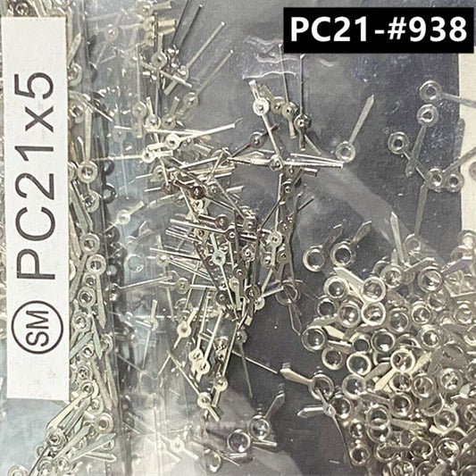 Set of 5mm silver watch hands for Hattori Epson PC21 quartz movement, ideal for precise timekeeping.