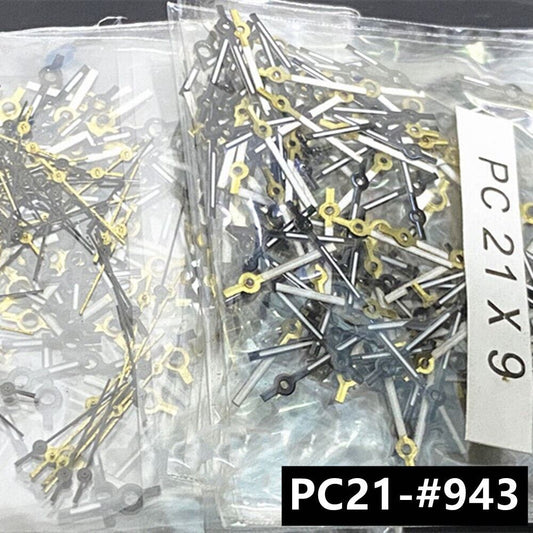 Set of 9mm black watch hands compatible with Hattori Epson PC21 quartz movements, enhancing precision and style.