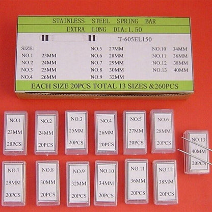 T-605EL150 extra long 1.5mm double shoulder spring bar, assorted sizes 23-40mm for watch bands