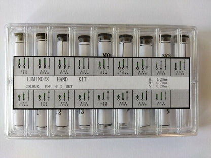 Set of 51 AC632W luminous silver watch hands in various sizes for precise watch repairs.
