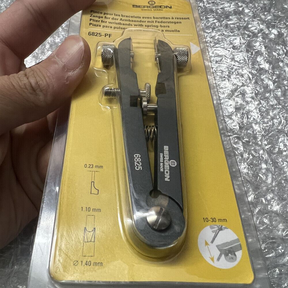 Swiss Black Bergeon 6825-PF spring bar pliers for precise watch bracelet removal and strap adjustment.