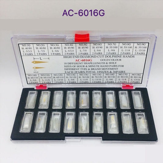 1. Gold-plated diamond-cut dolphine watch hands set of 36 pairs for precise watchmaking.  