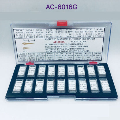Gold-plated diamond-cut dolphin watch hands set, 36 pairs, precise timepiece crafting.