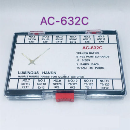 Set of 36 luminous hour and minute watch hands for quartz watches, perfect for professional watchmakers.
