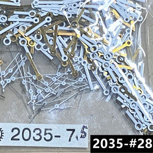 Golden square pointed watch hands set for Miyota 2035 quartz movement, 7.5mm, 100 sets, ideal for precise time repair.