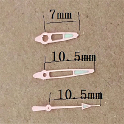 Green lume hollow tip watch hands with rose gold trim, compatible with Miyota 1L12 movement.