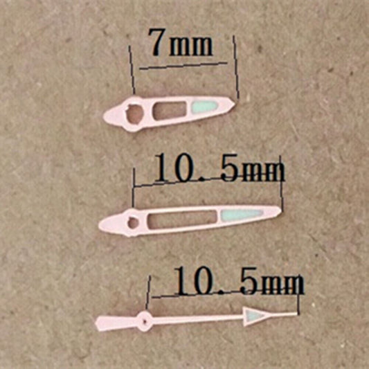 Green lume hollow tip watch hands with rose gold trim, compatible with Miyota 1L12 movement.
