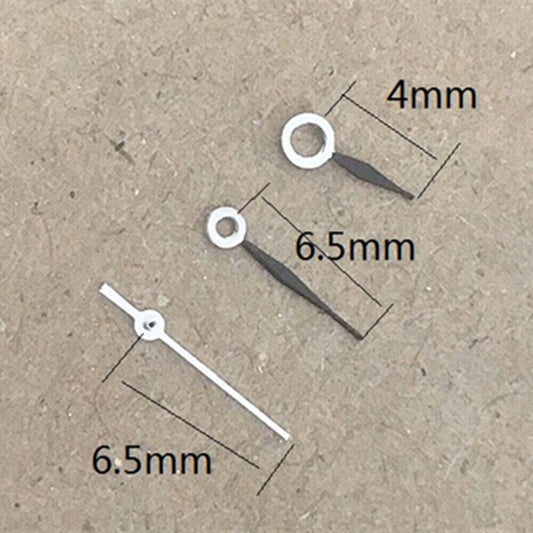 Polished black tip watch hands 6.5mm for Miyota 1L12 quartz, no lume, sleek design.