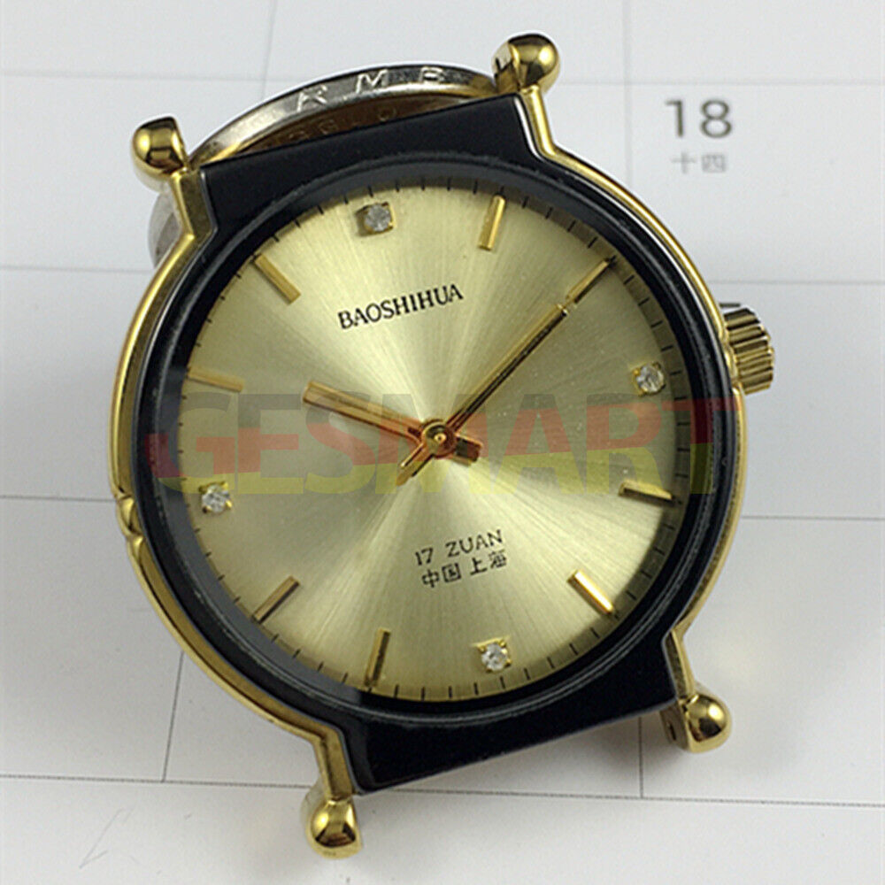 Shanghai 37mm manual mechanical watch with golden nails, black case, and golden dial for classic style.