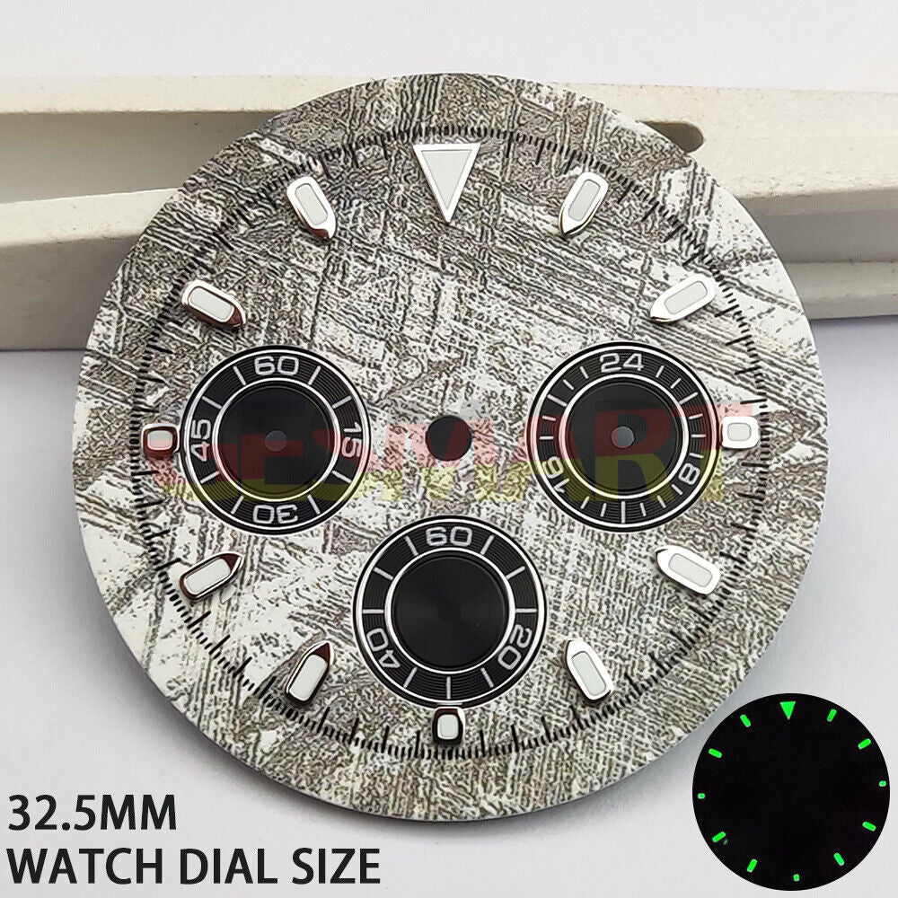Green lume 32.5mm Grey Rock Style Matted watch dial for VK63 quartz movement, modern design.