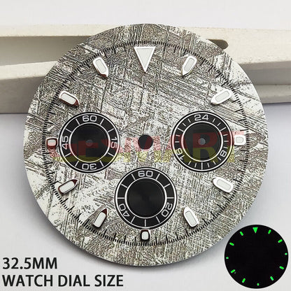 Green lume 32.5mm Grey Rock Style Matted watch dial for VK63 quartz movement, modern design.