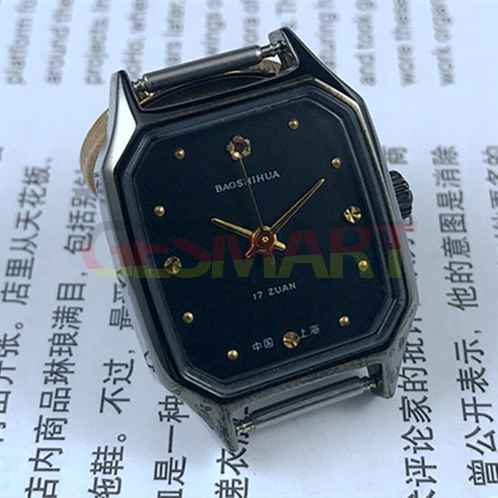 Shanghai 28mm manual mechanical lady watch with black dial and square case, 17 jewels, elegant design by Shanghai.
