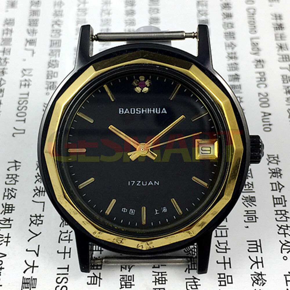 Shanghai 37mm manual mechanical watch with single calendar, dodecagonal black case, elegant and precise timepiece.