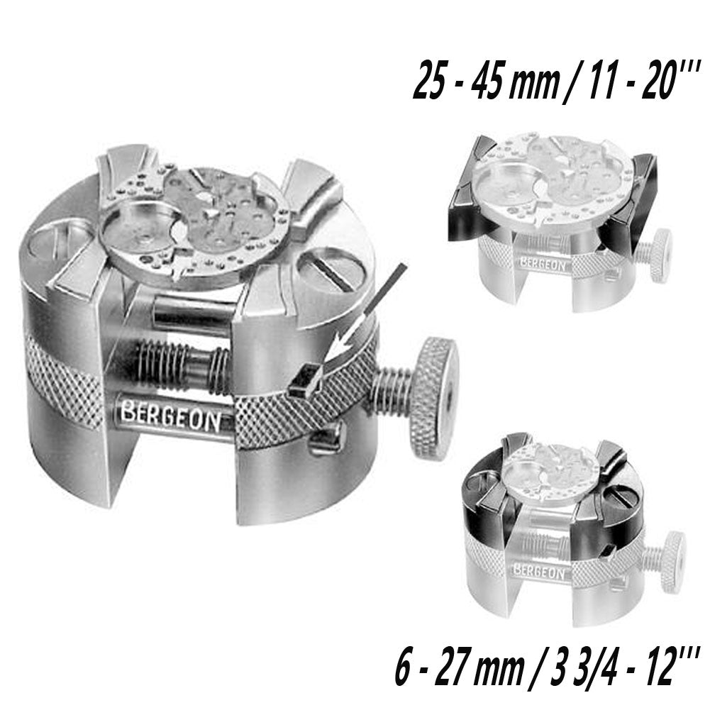 Bergeon 4513 double jaw universal watch movement holder for precise repair and assembly tasks.