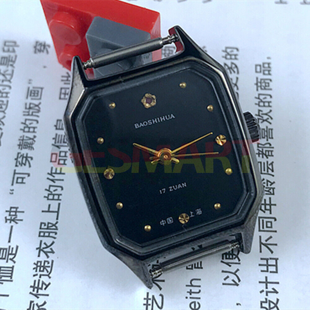 Shanghai 28mm manual mechanical lady watch with black dial, square black case, 17 jewels, elegant design.
