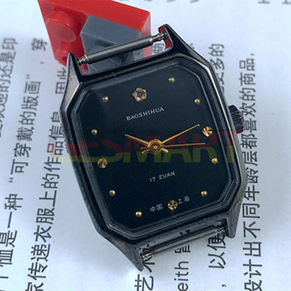 Shanghai 28mm manual mechanical lady watch with black dial, square black case, 17 jewels, elegant design.