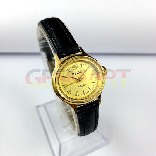 Elegant 24mm HAIDA Lady Watch with golden oval case, mechanical movement, and golden nail details.