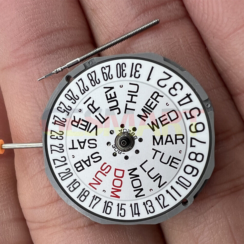 Miyota 1M02 Japan Quartz Movement watch accessory showing 3 hands with day and date display at 3 o'clock.