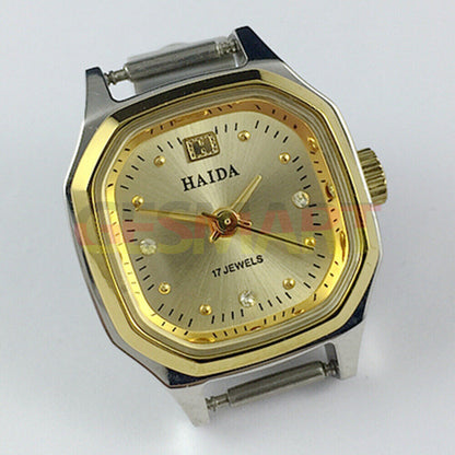 HAIDA mechanical lady watch with golden nail accents, 17 jewels, octagonal case, elegant design.