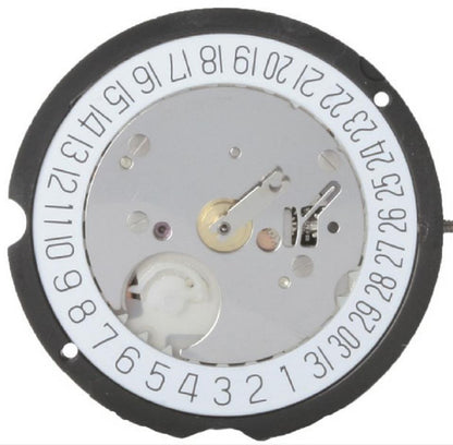 Ronda 505 quartz watch movement showing date window at 3 and 6 o?clock with precision mechanism