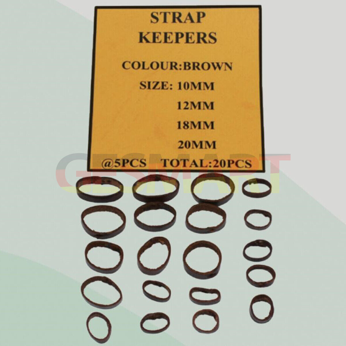 Set of 20 brown leather watch strap keepers in 4 sizes (10-20mm) for watch repairs - brand quality.