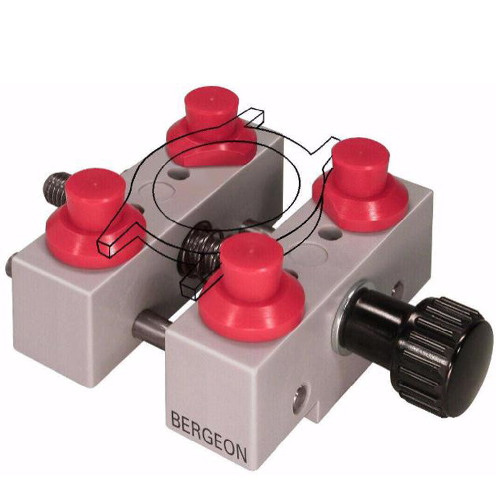 Bergeon 5685 watch case holder securely clamps watches for waterproof repairs and maintenance.