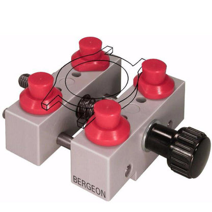 Bergeon 5685 watch case holder securely clamps watches for waterproof repairs and maintenance.