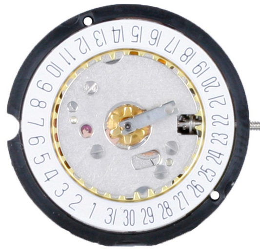 Ronda 585 quartz watch movement with date display at 3 o?clock, precision timekeeping component.