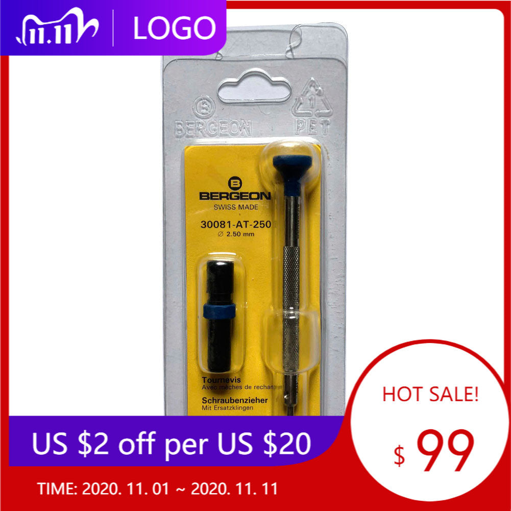 Bergeon 30081-AT-250 ergonomic 2.50mm screwdriver with spare blades for precision watch repair.