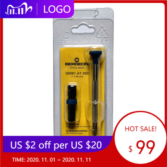 Bergeon 30081-AT-250 ergonomic 2.50mm screwdriver with spare blades for precision watch repair.