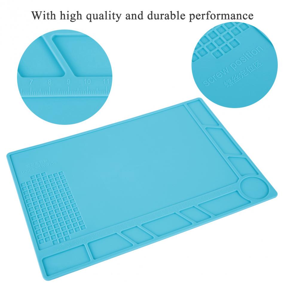 Heat-resistant 34x23cm silicone soldering mat, non-slip surface for safe electronics work.