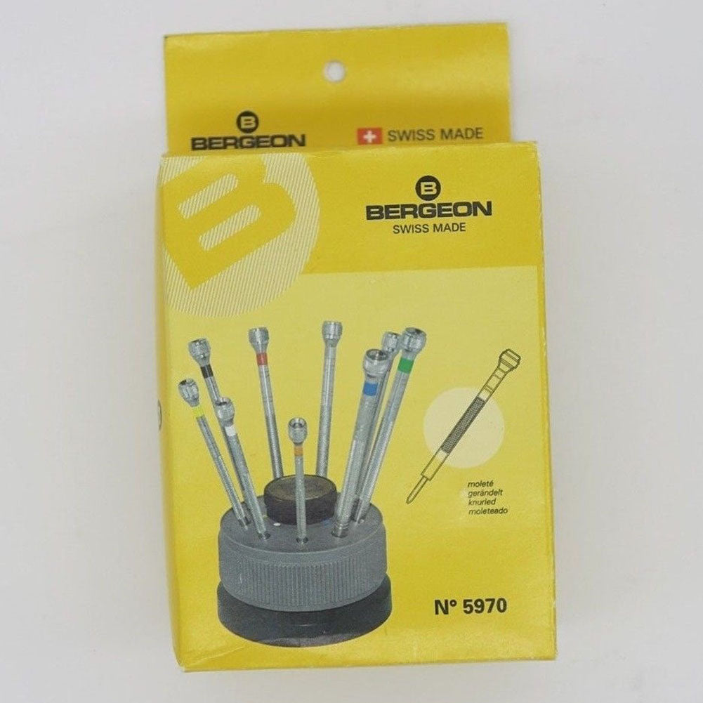 Bergeon 5970 rotating tool with 9 precision screwdrivers for detailed watch repairs, Swiss craftsmanship.