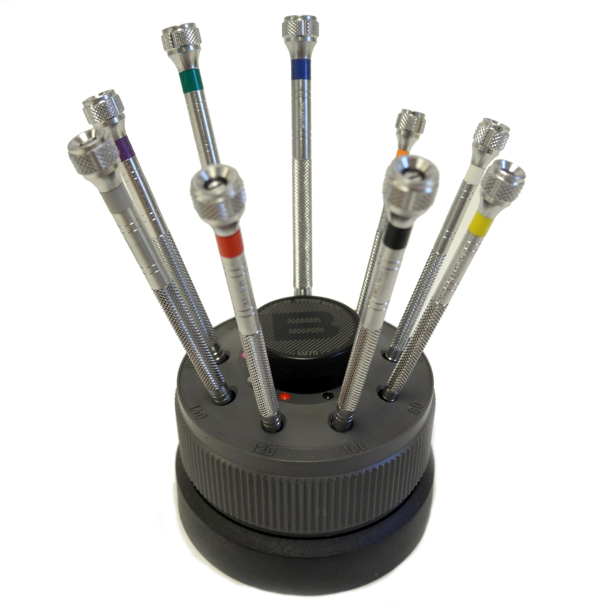 Bergeon 5970 rotating tool with 9 precision screwdrivers for watch repair, Swiss made quality.