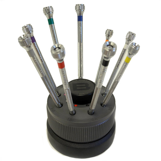 Bergeon 5970 rotating tool with 9 precision screwdrivers for watch repair, Swiss made quality.