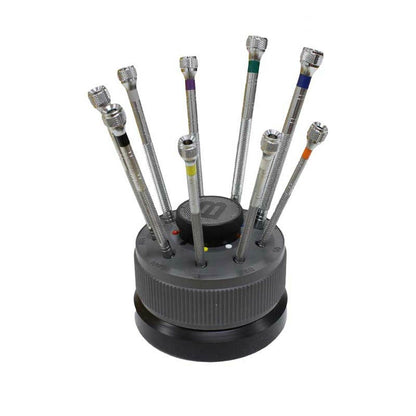 Bergeon 5970 rotating tool with 9 precision screwdrivers for watch repair, Swiss made quality.