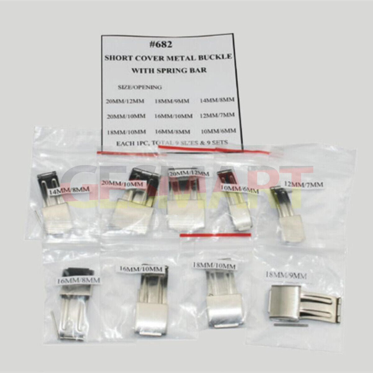 1. Set of 9 metal watch buckles (10-20mm) with spring bars, ideal for watch strap replacement.  
