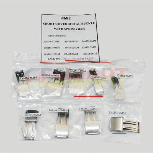1. Set of 9 metal watch buckles (10-20mm) with spring bars, ideal for watch strap replacement.  