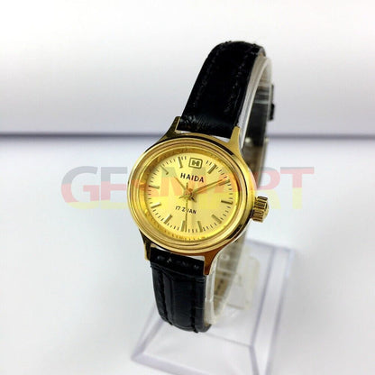 Elegant 24mm HAIDA Lady Watch with golden oval case, mechanical movement, and golden nail details.