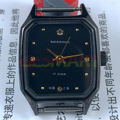 Shanghai 28mm manual mechanical lady watch with black dial, square black case, 17 jewels, elegant design.