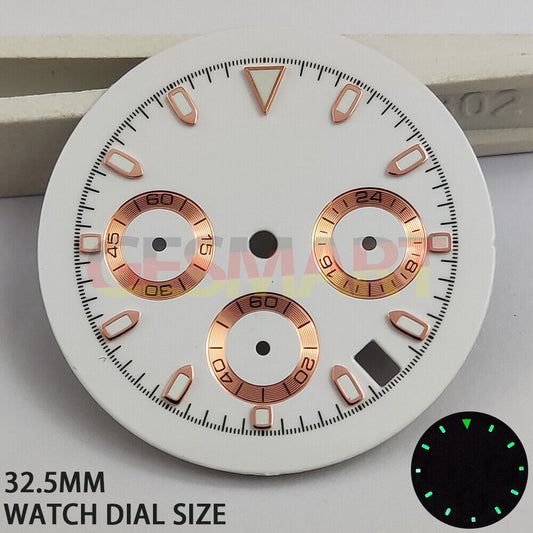 Green lume silver and rose gold lap watch dial for VK63 quartz movement, sleek design