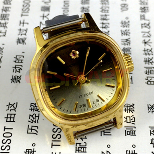 23mm Lady Watch with golden nails, gradient green dial, and square case, manual mechanical movement.