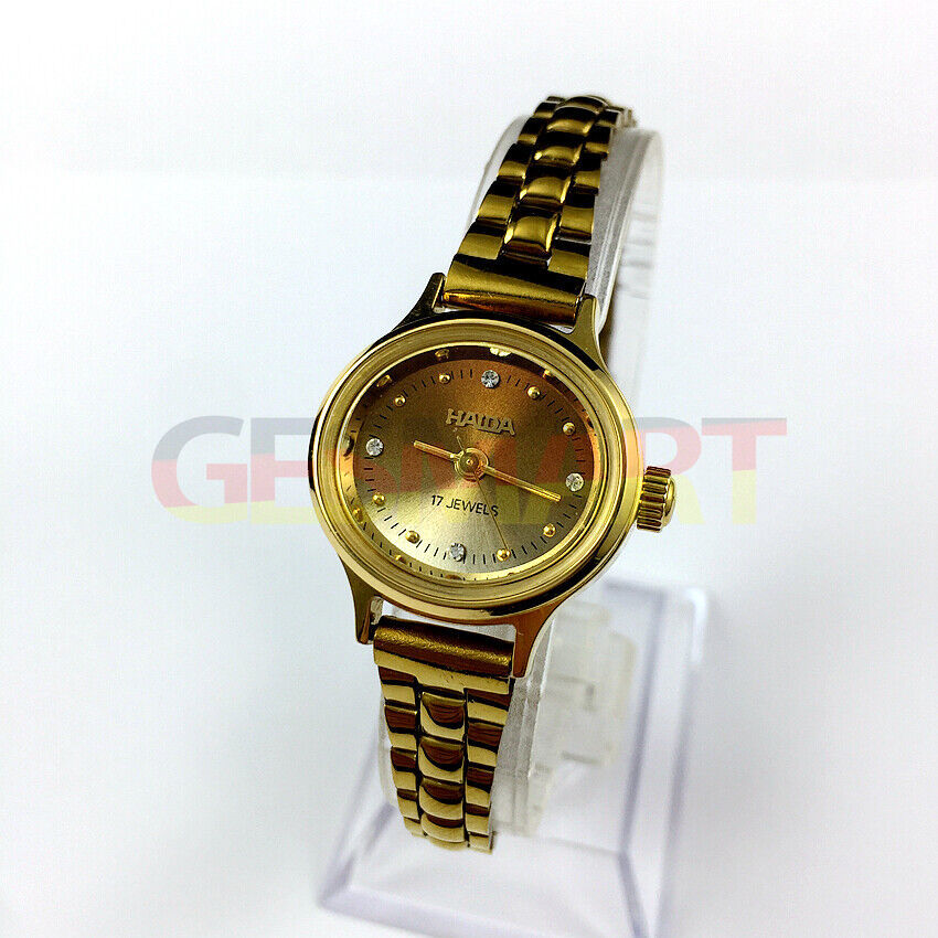 HAIDA 23mm gold manual mechanical lady watch with 17 jewels and gradient brown dial for elegant style.