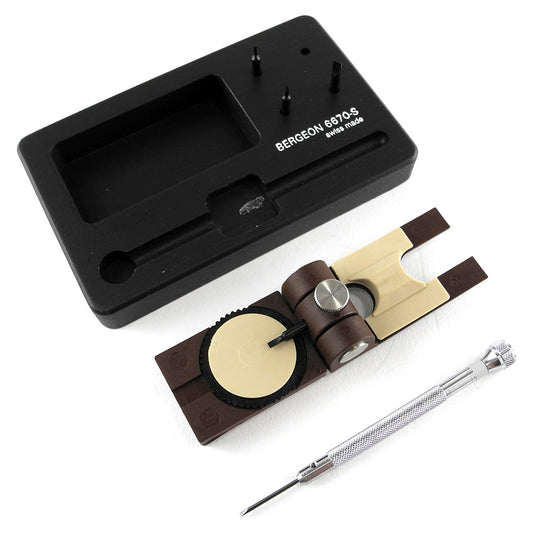 Bergeon 6670-S hand vice set with screwdriver for precise watch bracelet link adjustments.