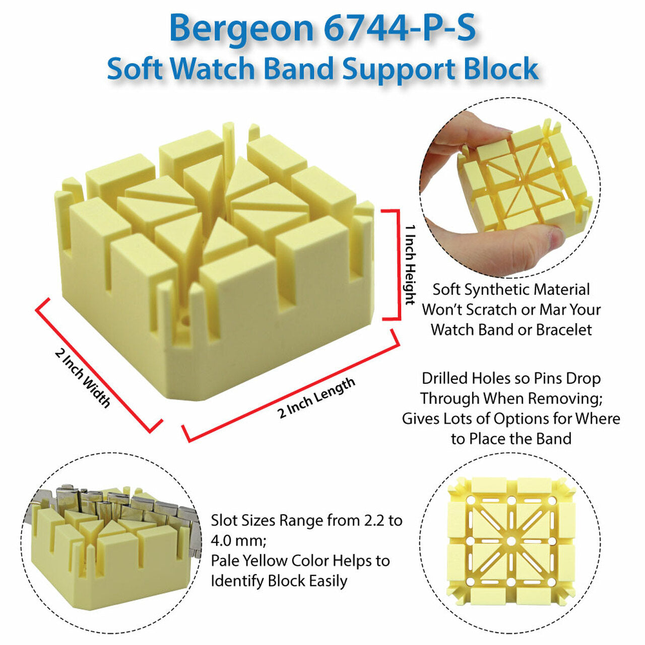 Bergeon 6744-P-S soft bracelet holder block for precise watch band repairs and secure adjustments.