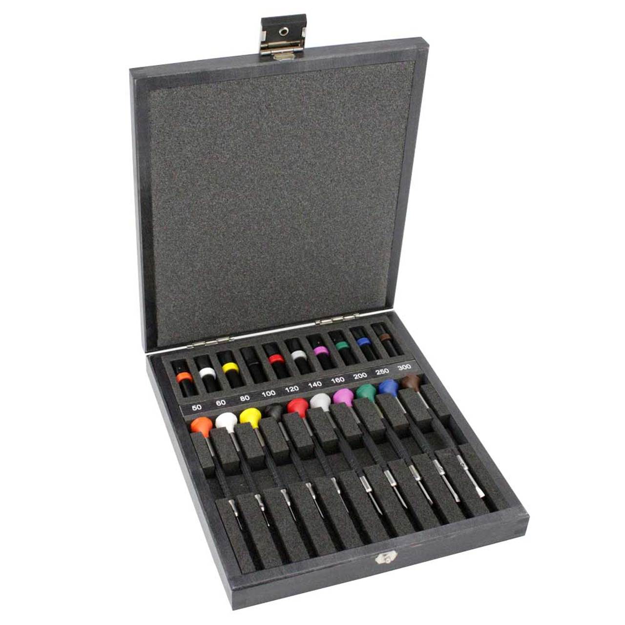 Bergeon 6899 A10 steel screwdrivers set with elastomer grips for precise watch accessory repairs.