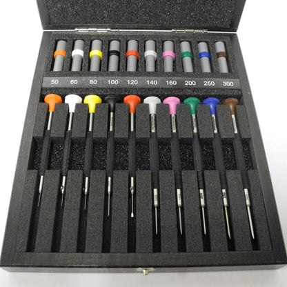 Bergeon 6899 A10 steel screwdrivers set with ergonomic elastomer grips for precise watch accessory repairs.