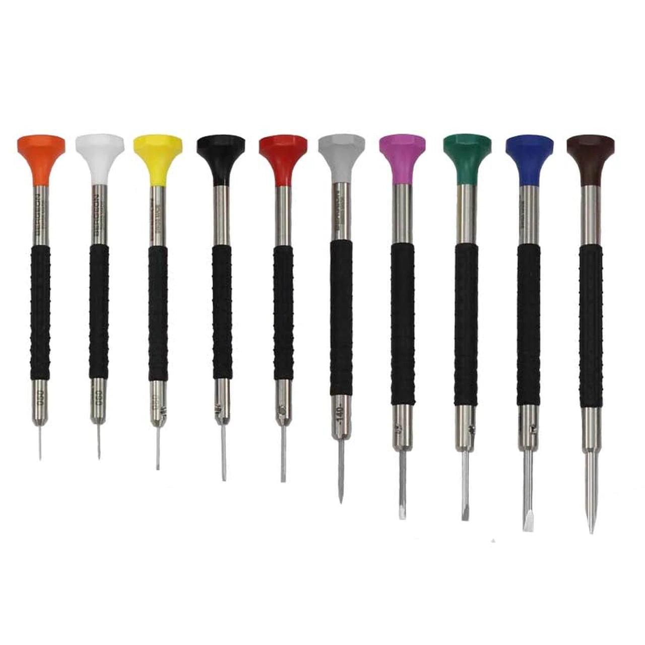 Bergeon 6899 A10 ergonomic steel screwdrivers with elastomer grips for precise watch accessory repairs.