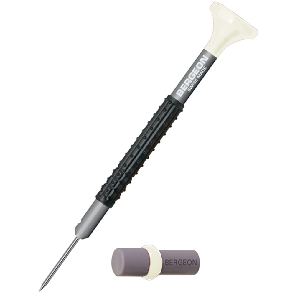 Bergeon 6899-AT-060 ergonomic 0.6mm screwdrivers for precise watch repair with spare blades included.
