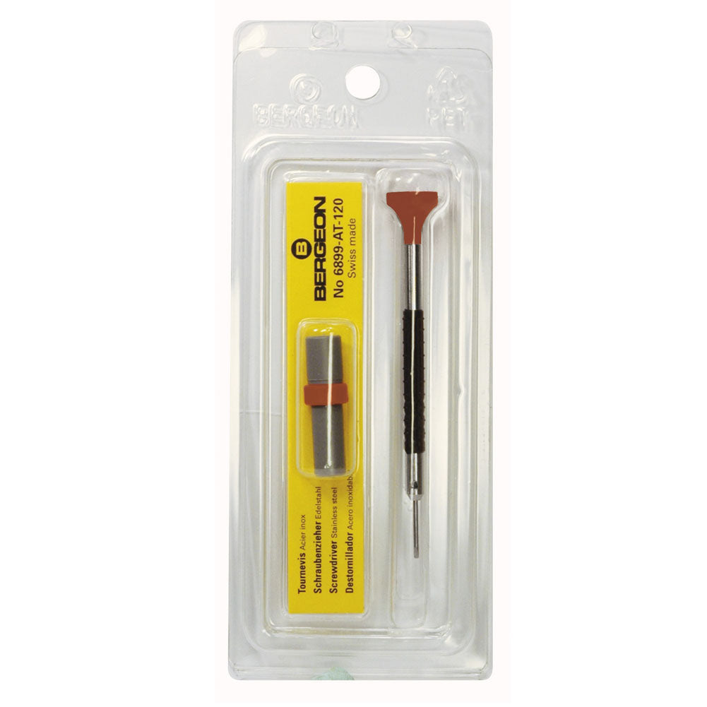 Bergeon 6899-AT ergonomic screwdriver with spare blades for precise watch accessory repairs and adjustments.